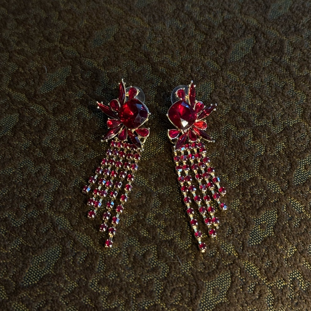 Statement Red Rhinestone Dangle Earrings - New!